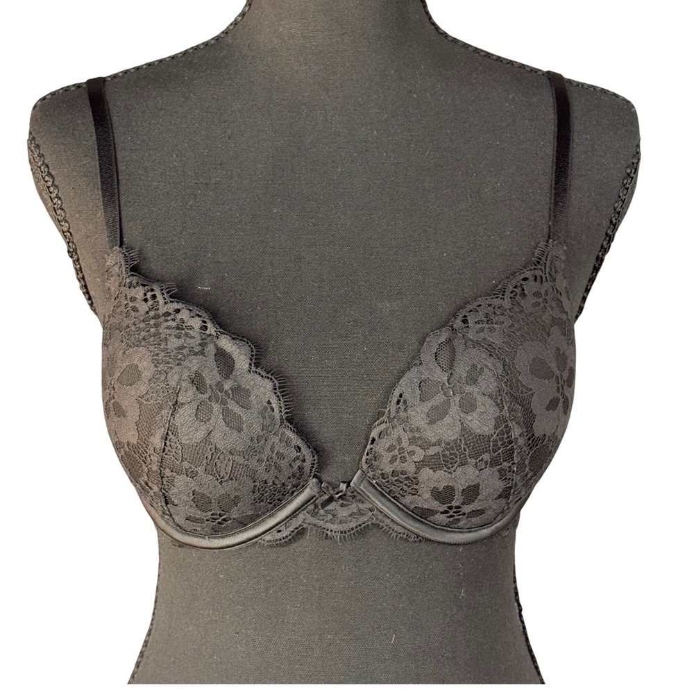 Victoria's Secret Dream Angels Black Lace Push Up Bra 34B Floral 399290